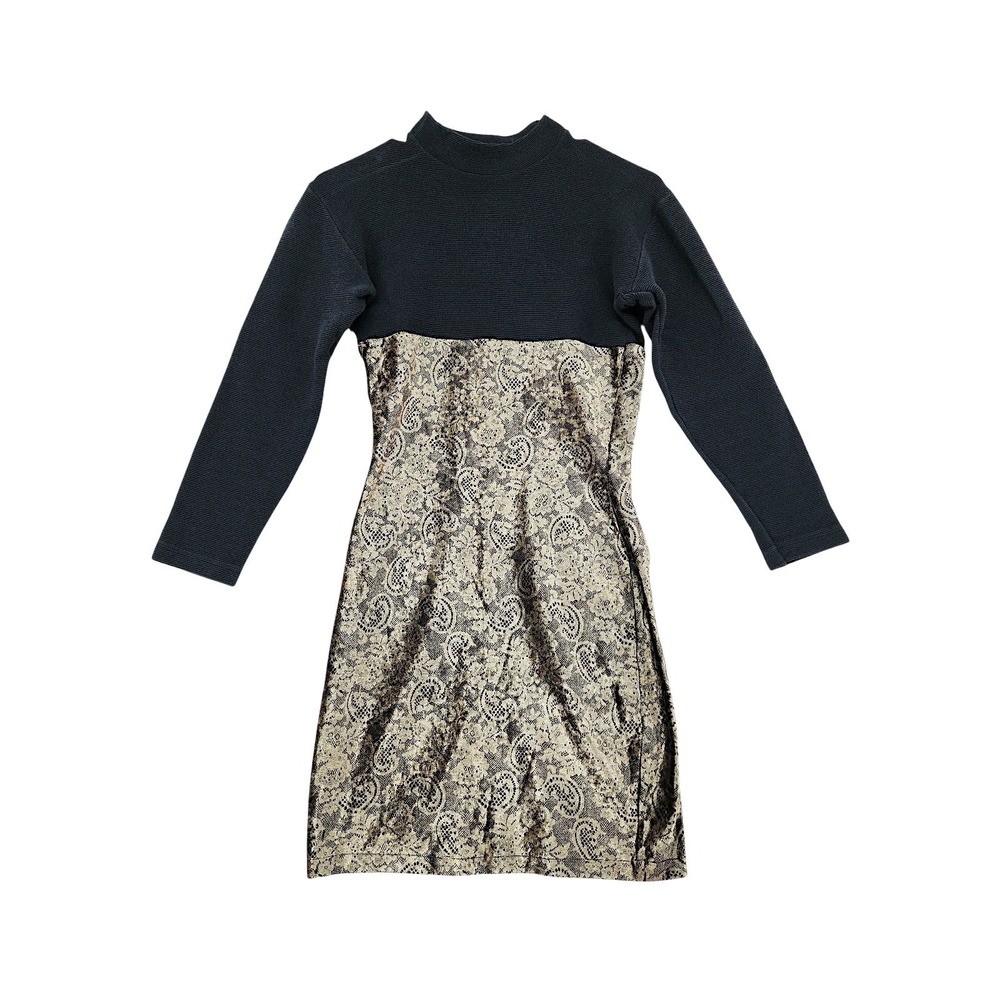 Vtg Terazzo Dress S* Black Gold Paisley Velvet Mock Neck 90s Italian Whimsigoth